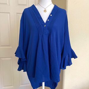 Cobalt Blue Flowy 3/4 Ruffle Sleeve Blouse - size small